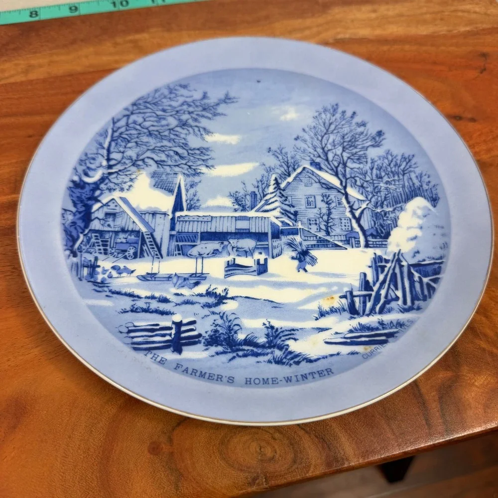Currier & Ives The Farmers Home Winter Blue White Transferware Plate Japan
